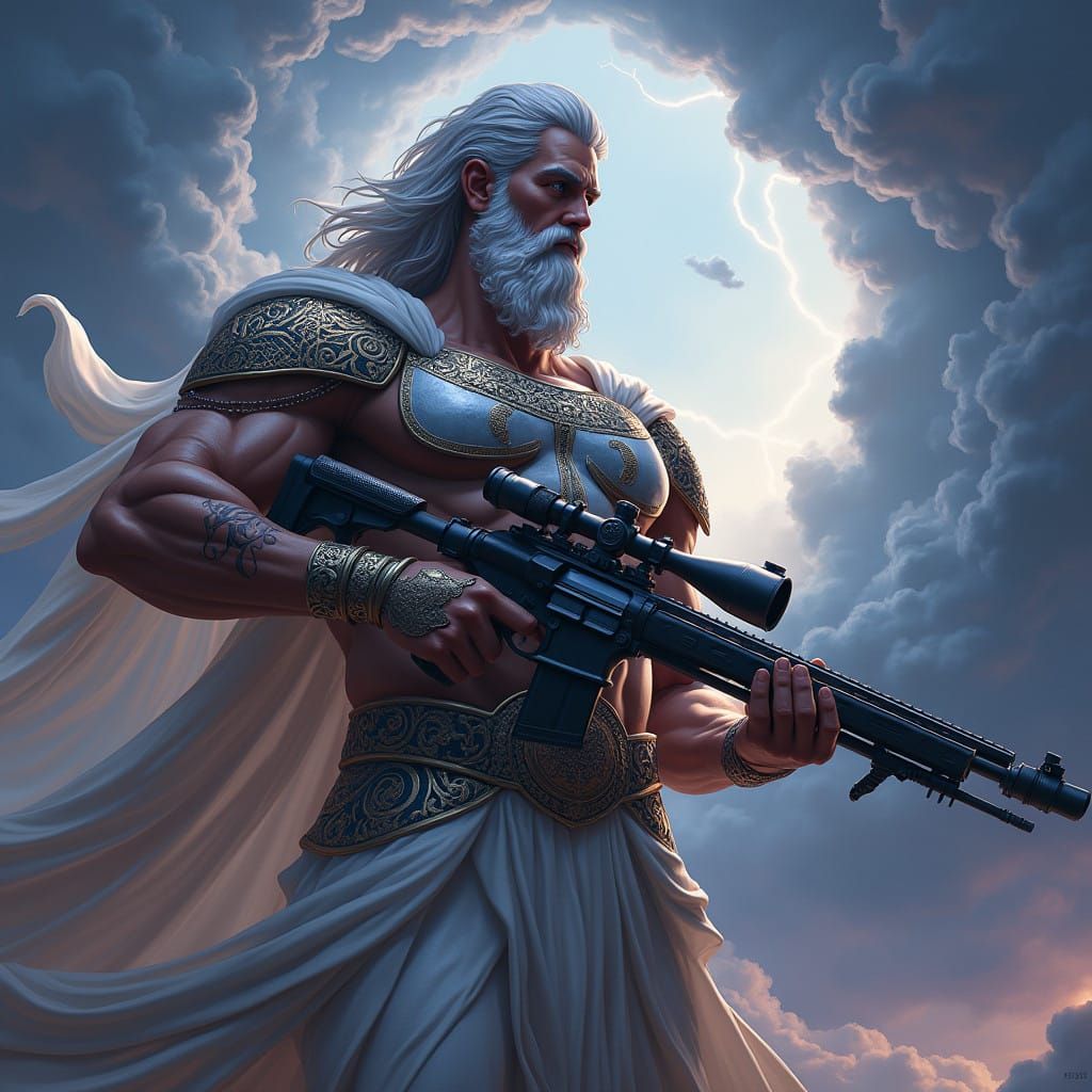 Ancient Greek God Zeus in Futuristic Armor Wields Sniper Rif...