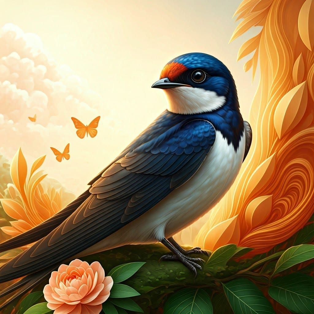 Swallow in Floral Scene with Shimmering Eyes