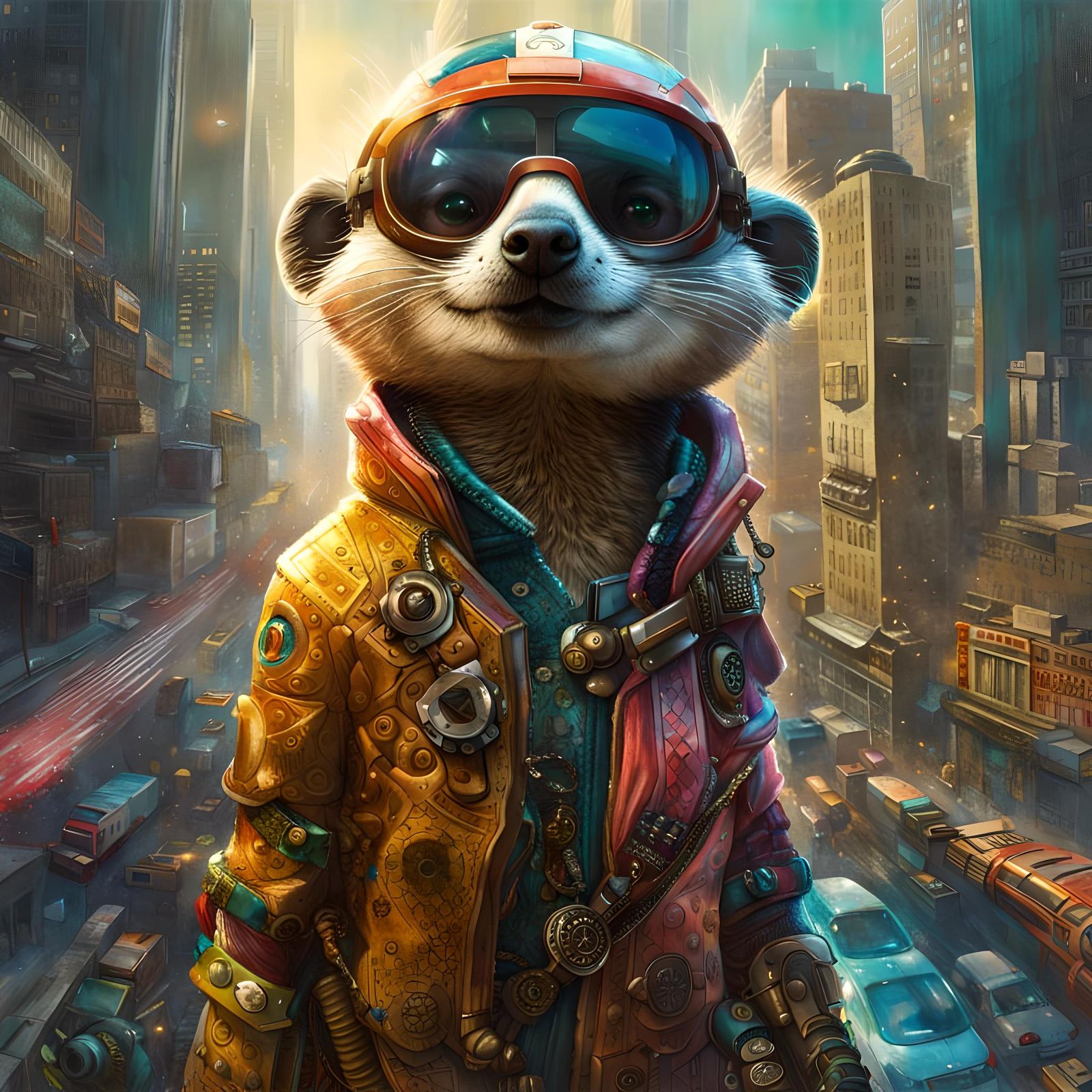 Meerkat Superhero Flies Above City: Digital Art