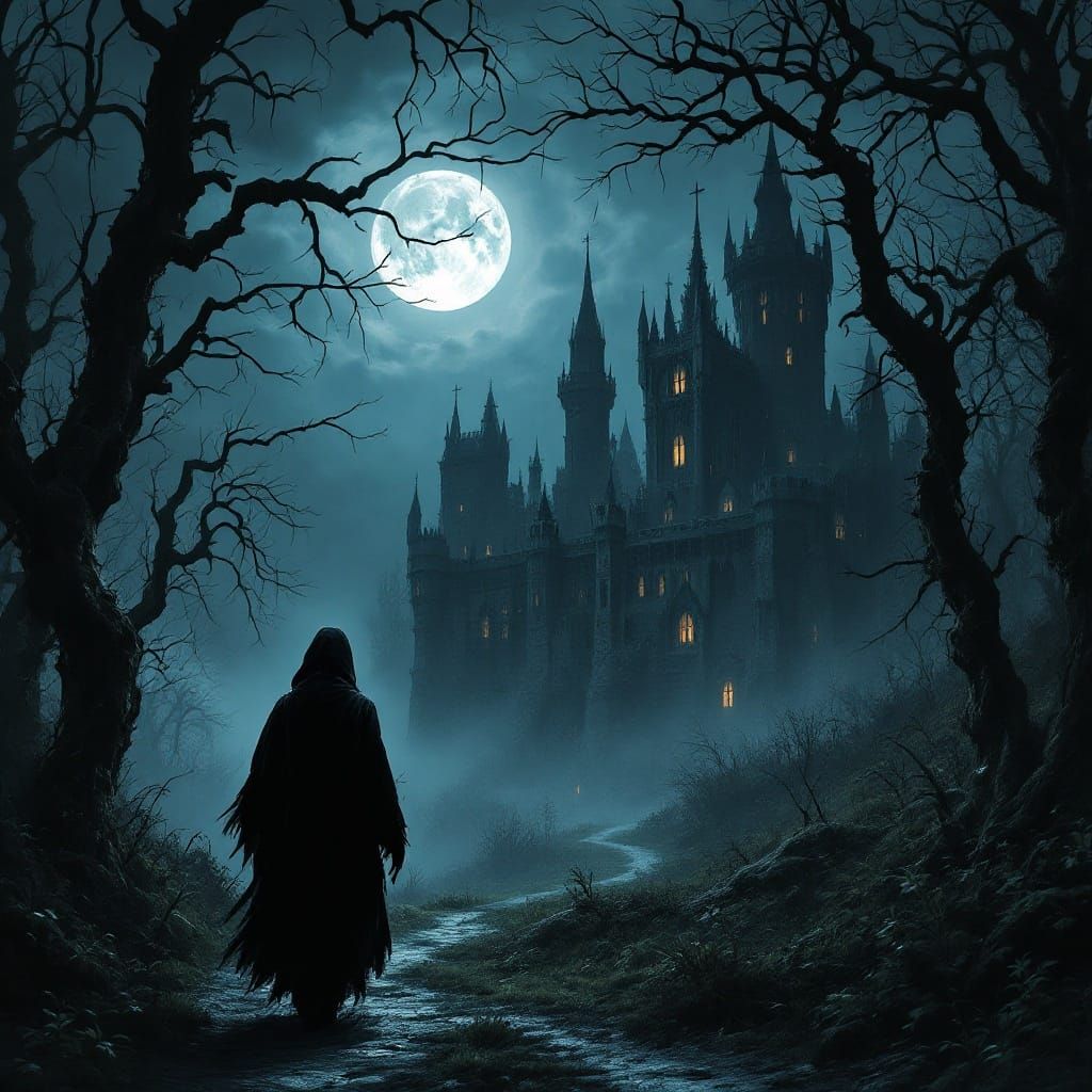Gothic Castle Under Dark Moonlit Sky