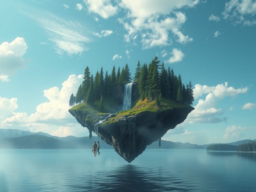 Ethereal Island Oasis in Surrealist Sky