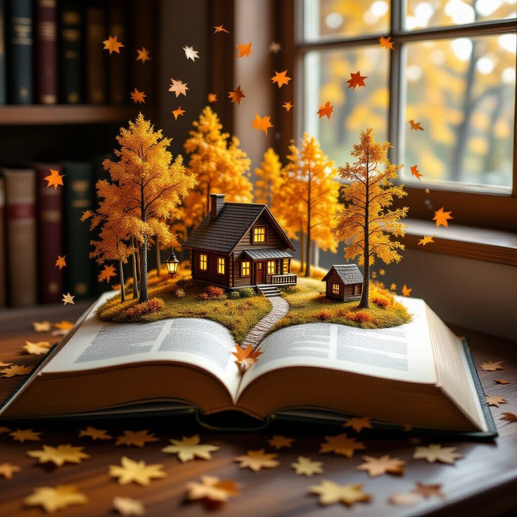 Open Book Reveals Miniature Autumn World with Cabin and Gold...