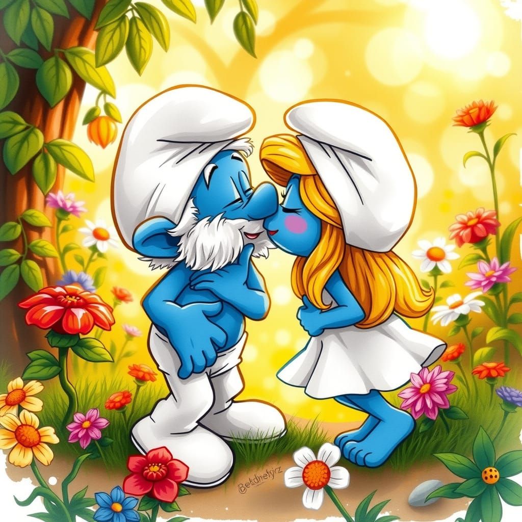 Smurf Character in Whimsical Watercolor Kiss Scene