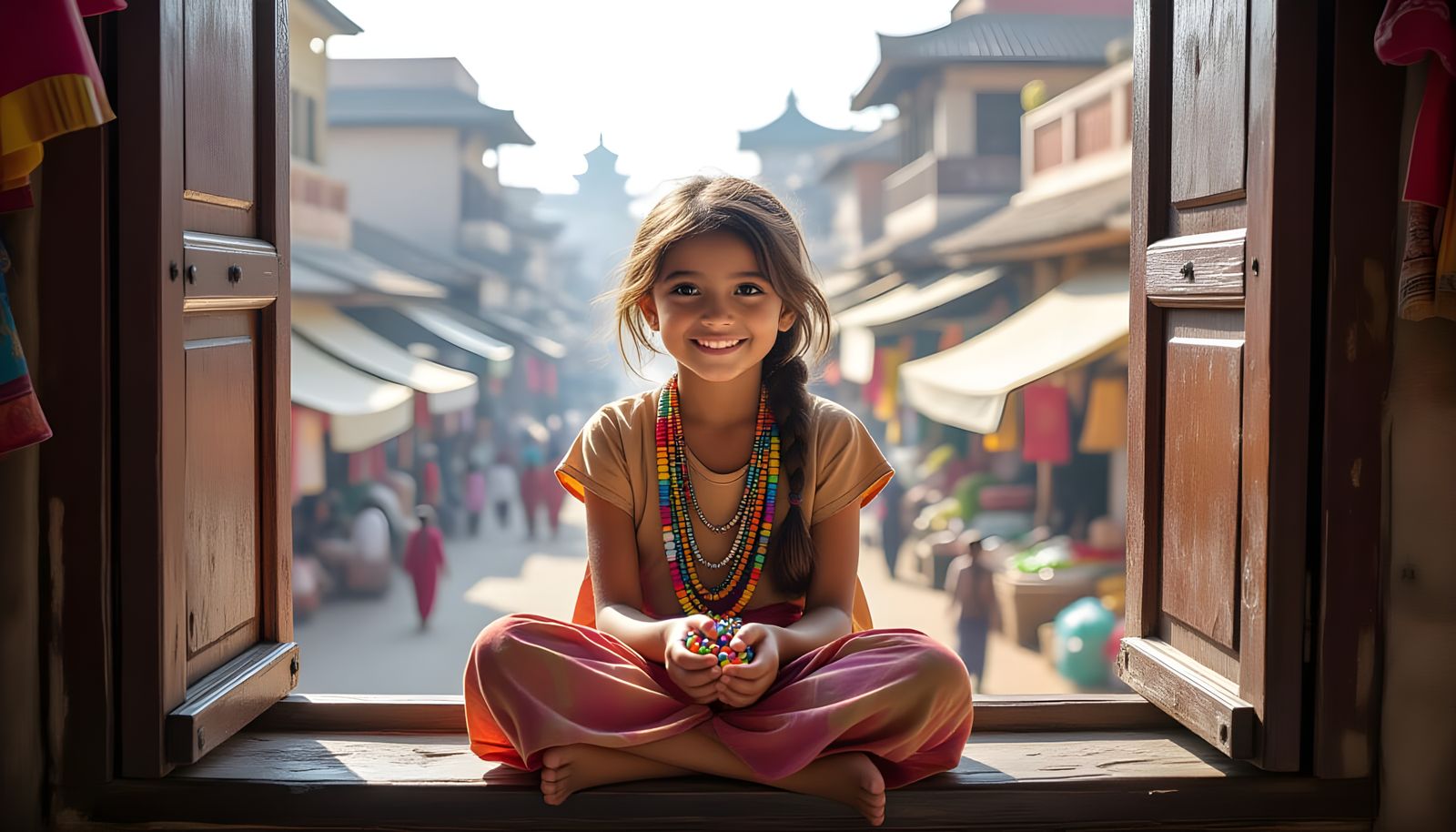 Young Girl Overlooking Exotic Marketplace: Travel Photograph...