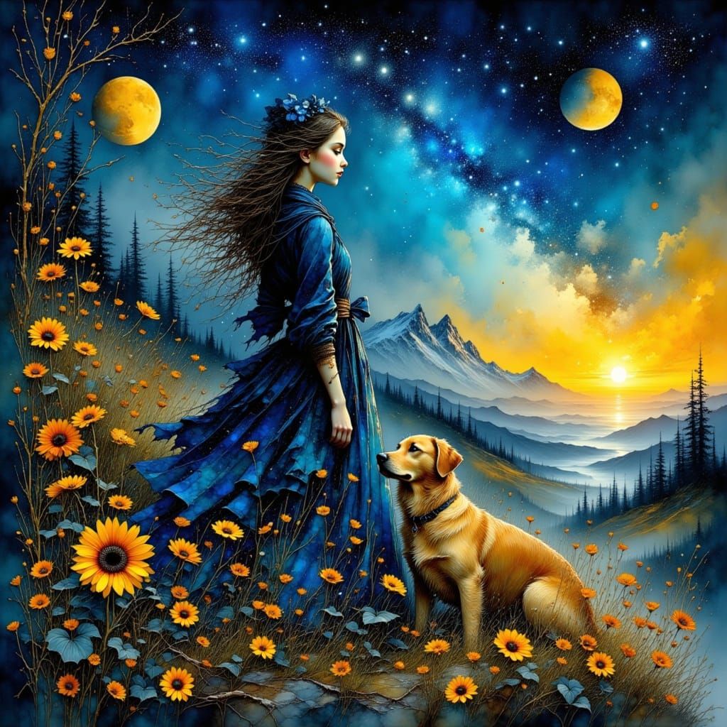 Celestial Forest Maiden with Golden Retriever in Fantasy Rea...