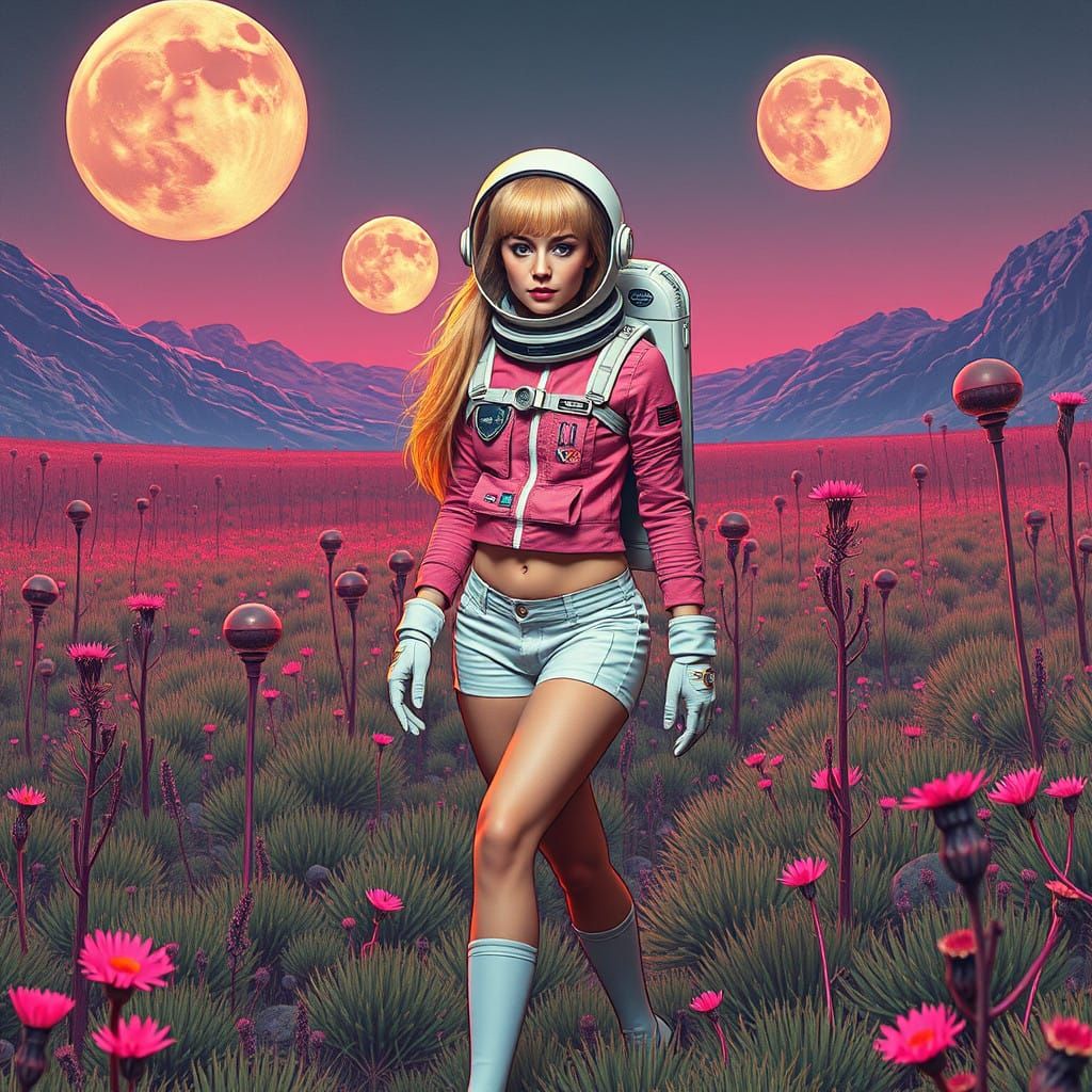 Cosmic Explorer in Retro Sci-Fi Landscape