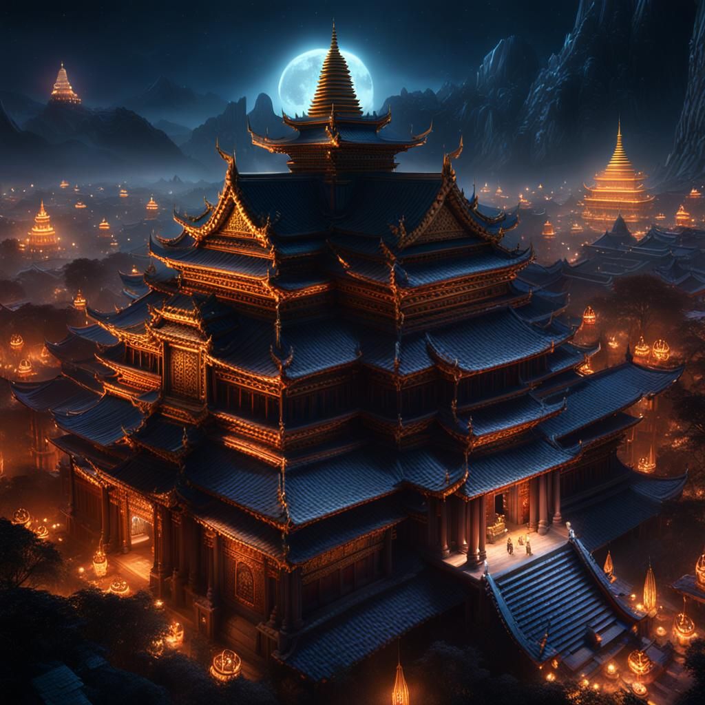 Temple at Night with Monks: Fantasy Concept Art