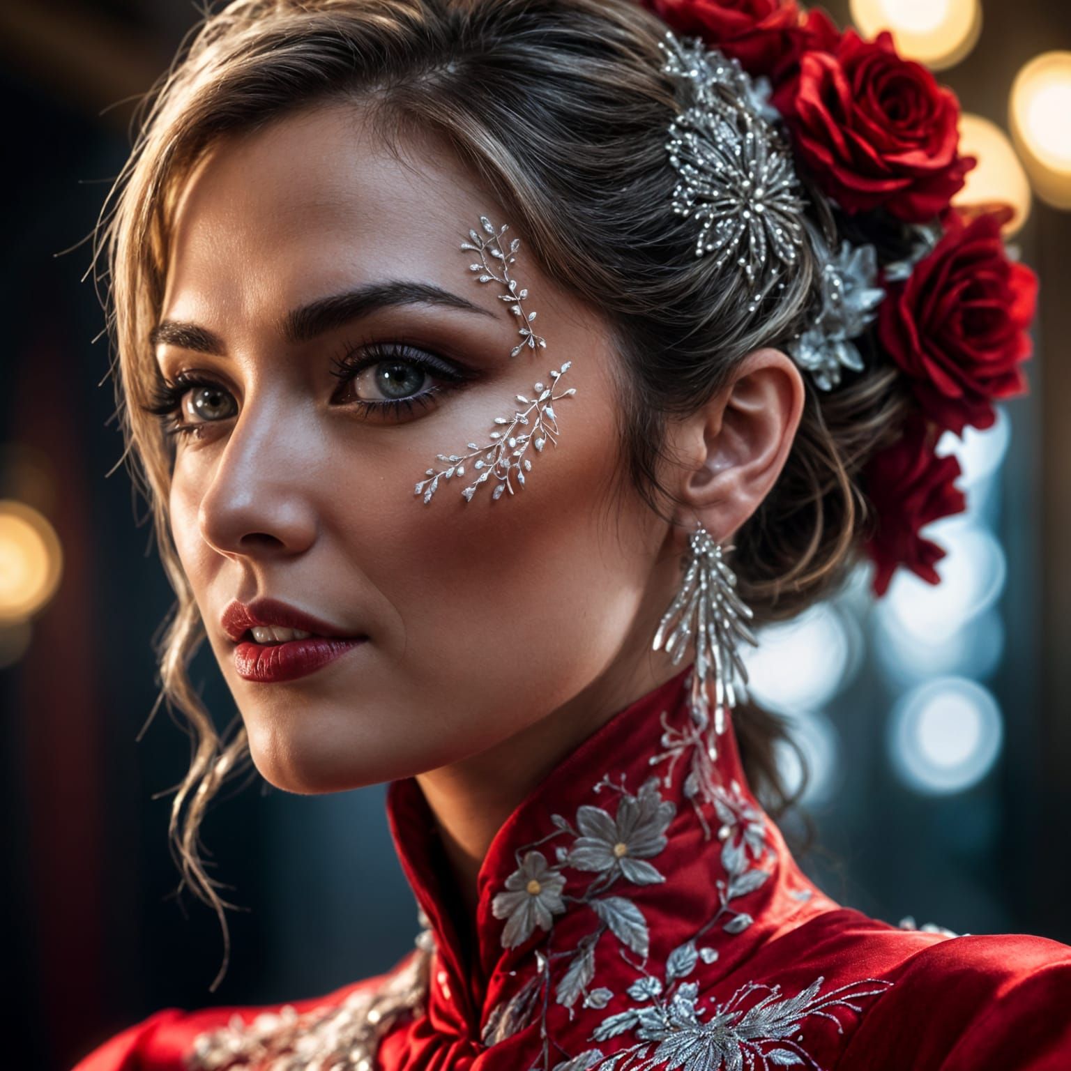 Glamour Portrait in Red Silk Dress with Embroidery