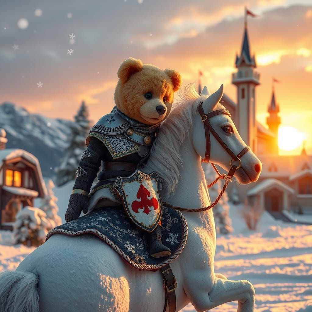 Teddy Bear Warrior on Horse in Winter Twilight