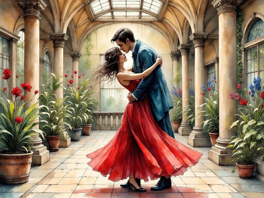 Elegant Dance in Museum Atrium, Ink Art Style