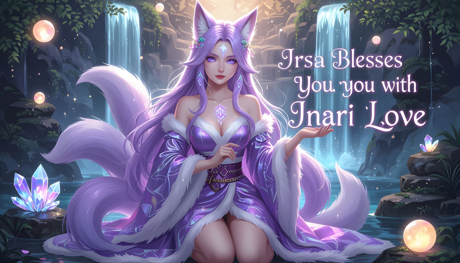 Majestic Kitsune with Glowing Runes and Waterfall