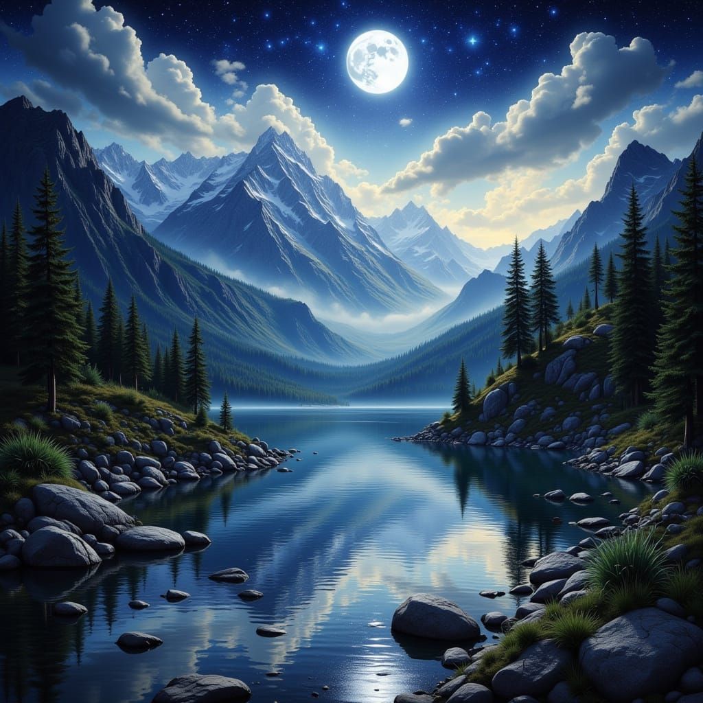 Baroque Watercolor Landscape with Mountains and Moonlit Lake