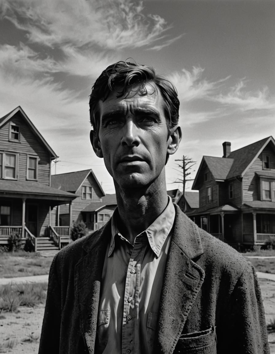 Dramatic Film Still of Norman Bates in Black and White