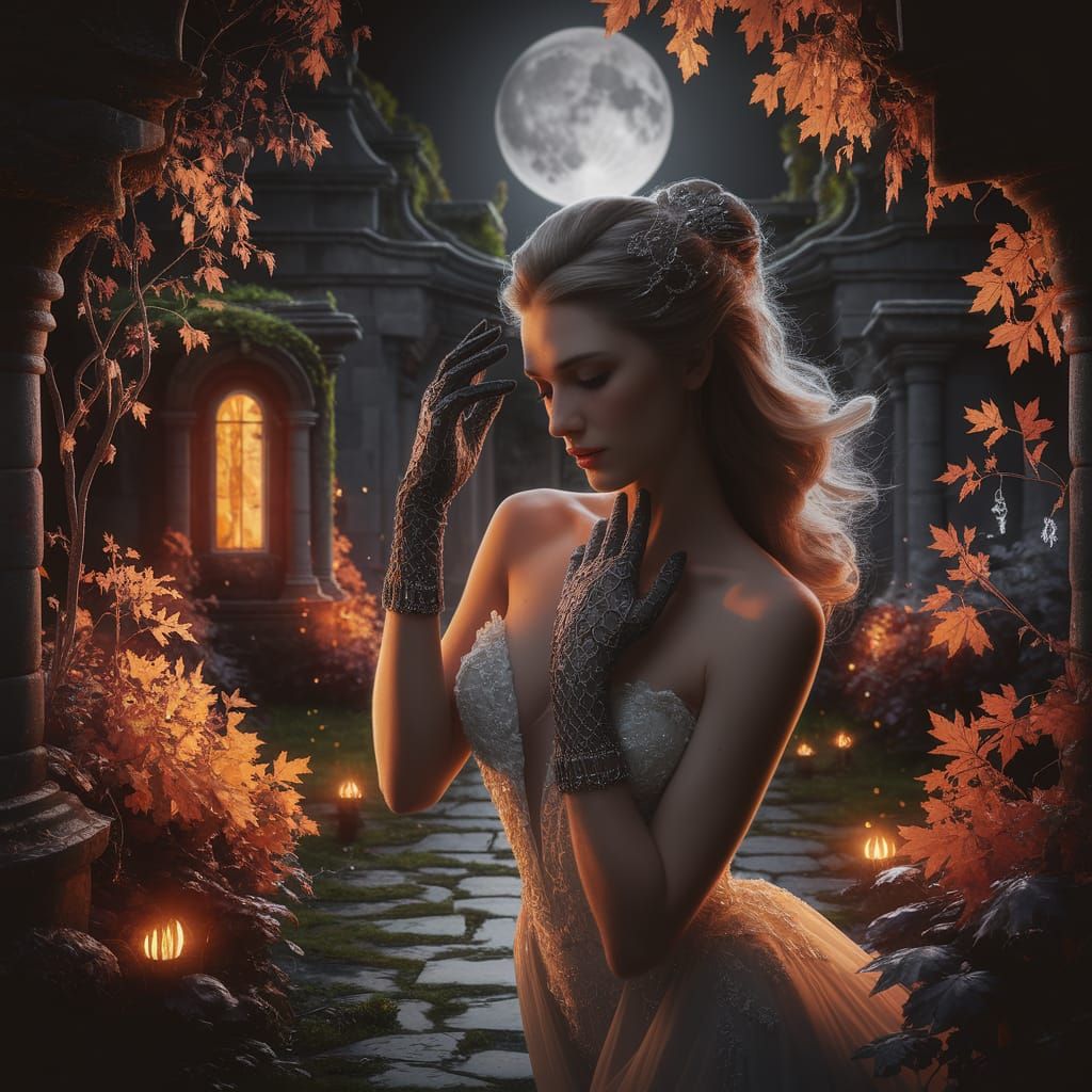 Woman in Moonlit Garden with Glowing Flora