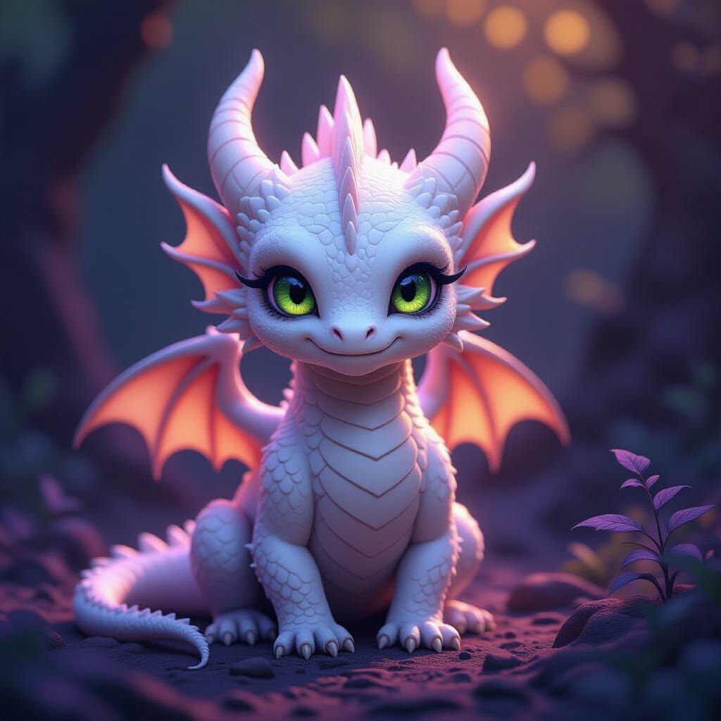 White Lunar Dragon with Green Eyes in Dark Fantasy Style