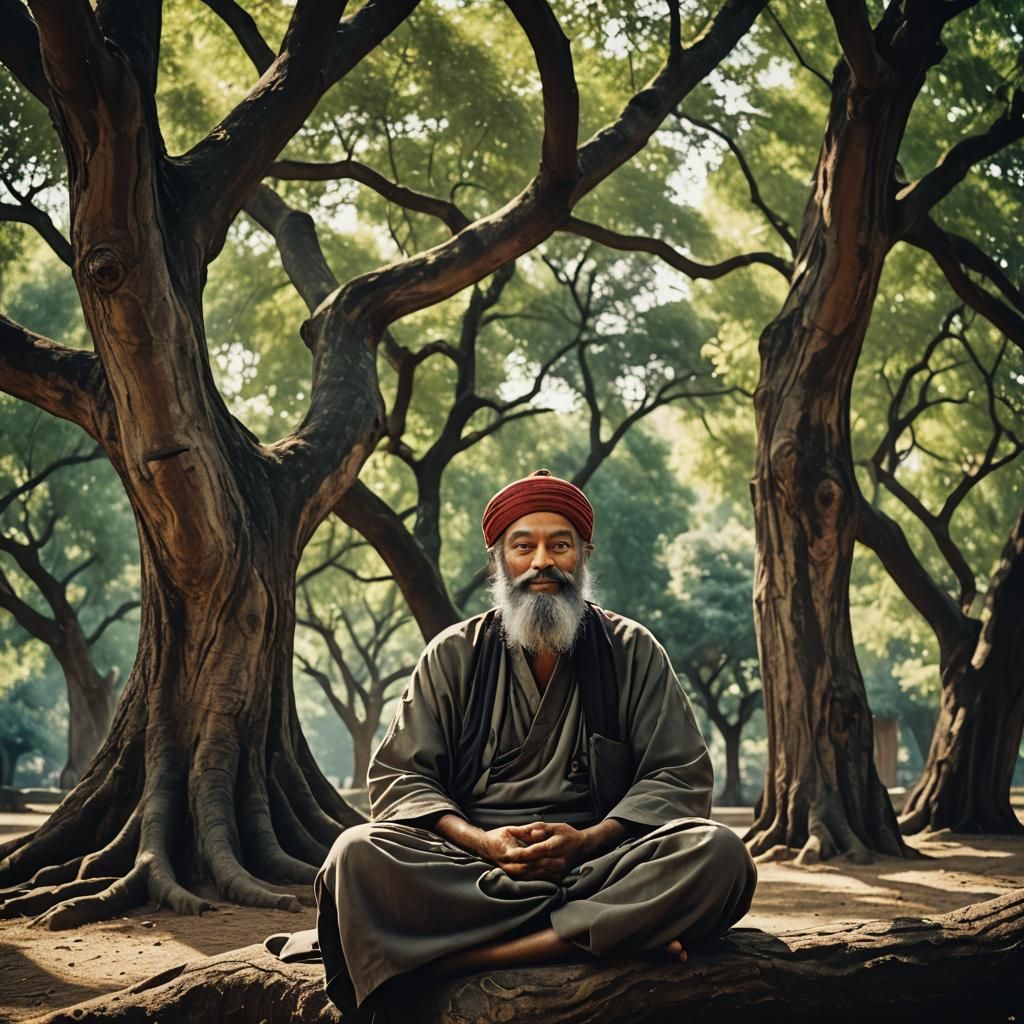 Meditating Figure Radiating Peace Under Ancient Tree