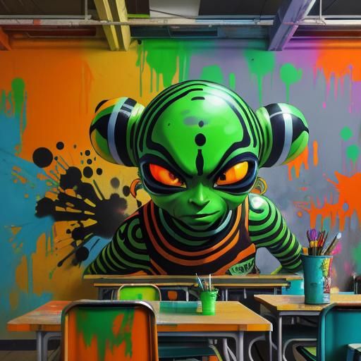 Striped Alien Children in School, Graffiti Art