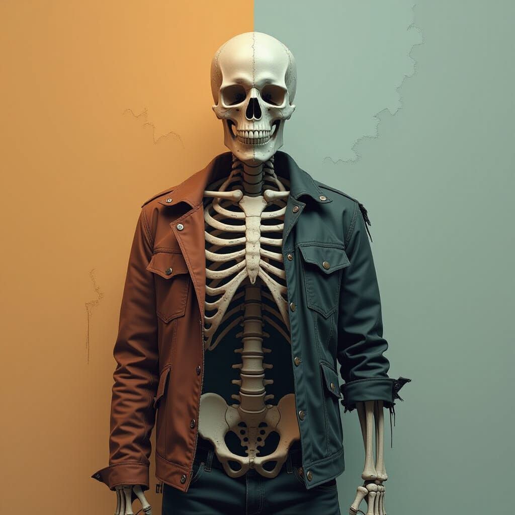 Dualistic Figure: Human and Skeleton in Contrasting Tones