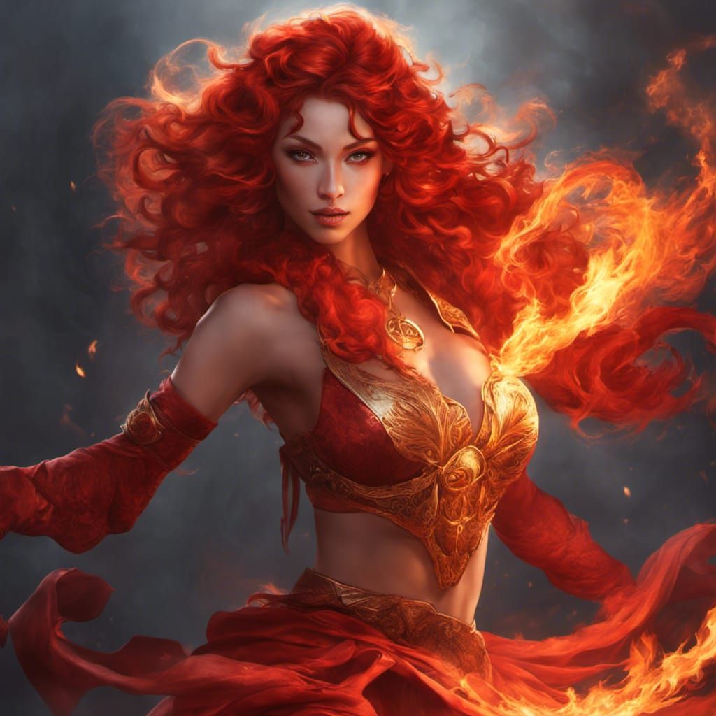 Female Fire Genasi with Blazing Hair and Skin
