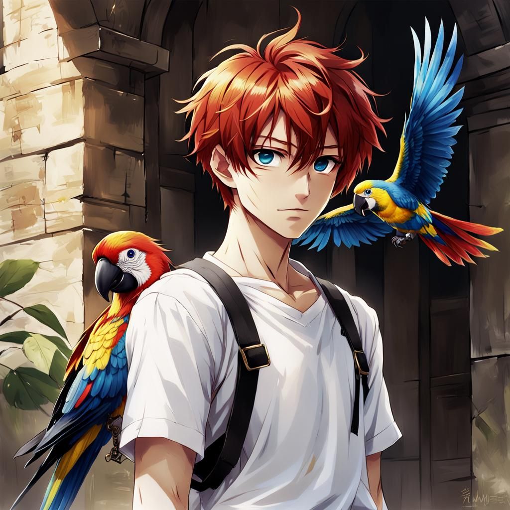 Medieval Boy with Parrot in Anime Style