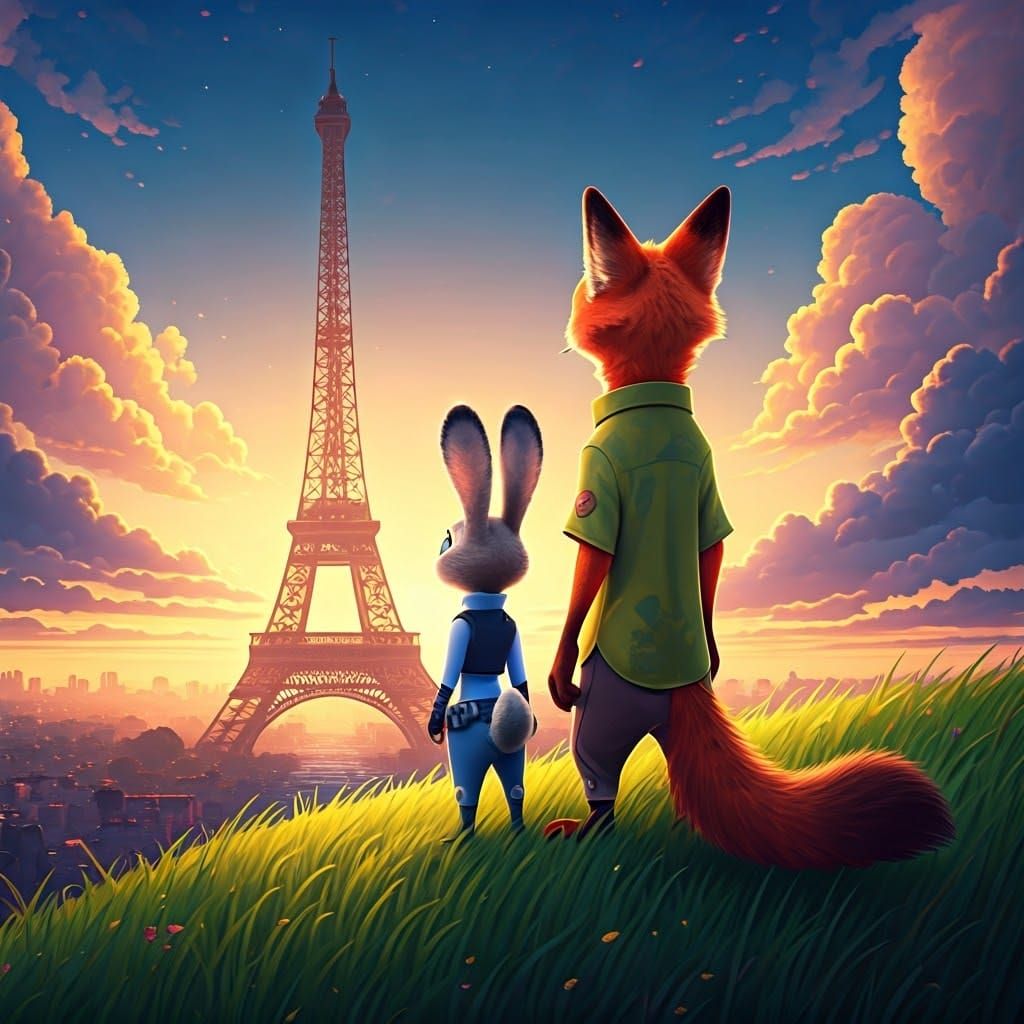 Zootopia Characters Gaze at Eiffel Tower, Fantasy Art