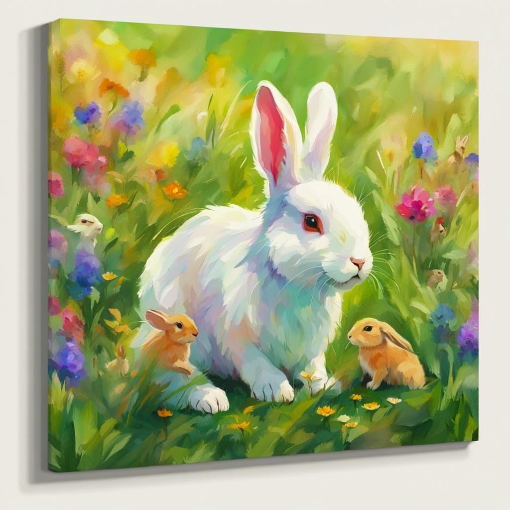 Lop-Eared Rabbit with Babies in Fauvist Meadow