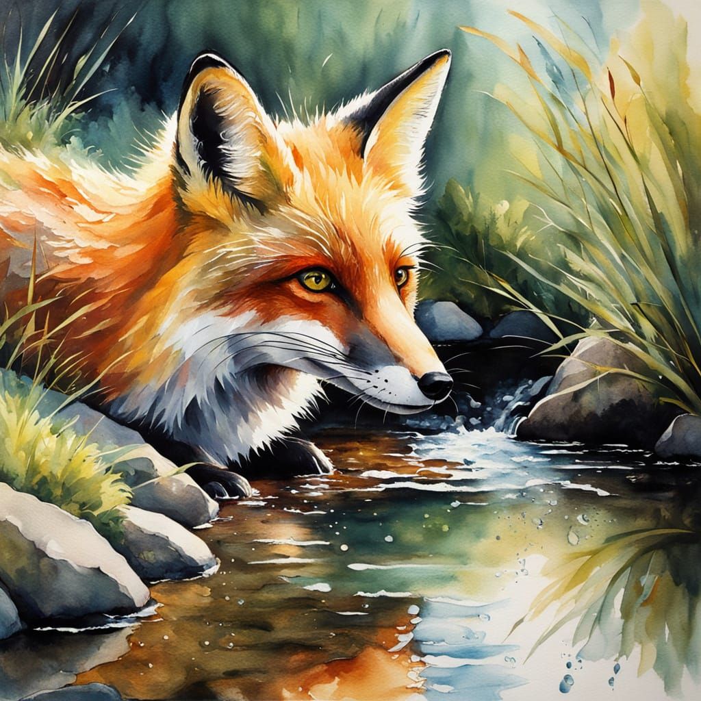 Whimsical Watercolor Portrait of a Playful Fox by a Gentle S...