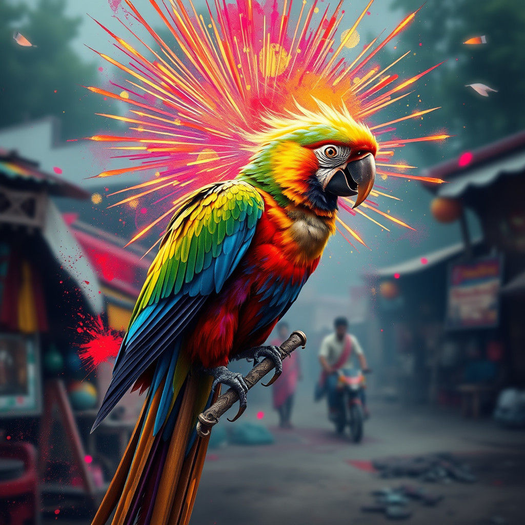 Bhil Art Painting of Parrot in Holi Celebration Style