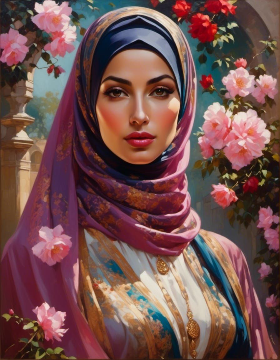 Hijabi Woman in Sakura Garden: Oil Painting