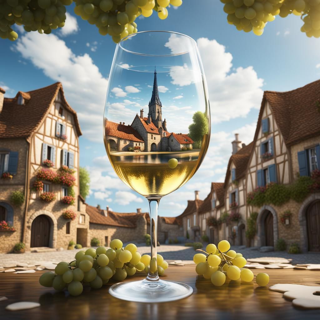French Village Reflected in Wine Glass: Fantasy Art