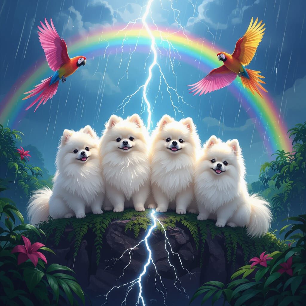 Pomeranians on Lightning Amidst Jungle Storm and Rainbow