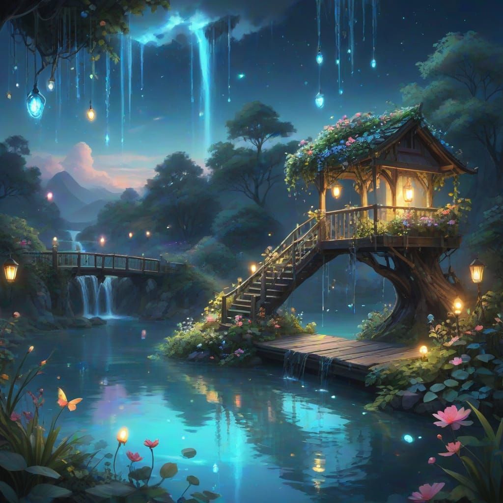 Ethereal Secret Garden with Waterfall in Anime Realism