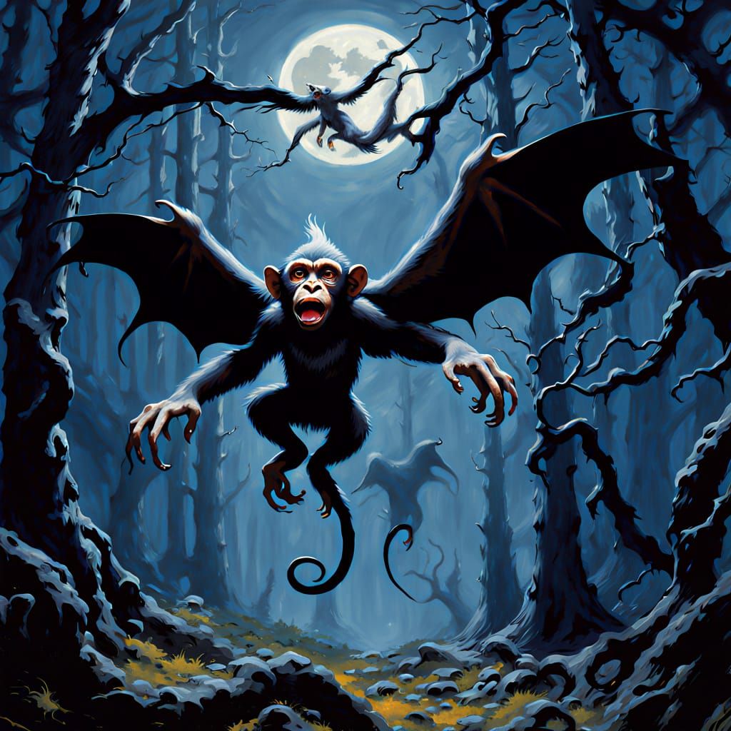 Winged Monkeys in Dark Forest Oil Painting