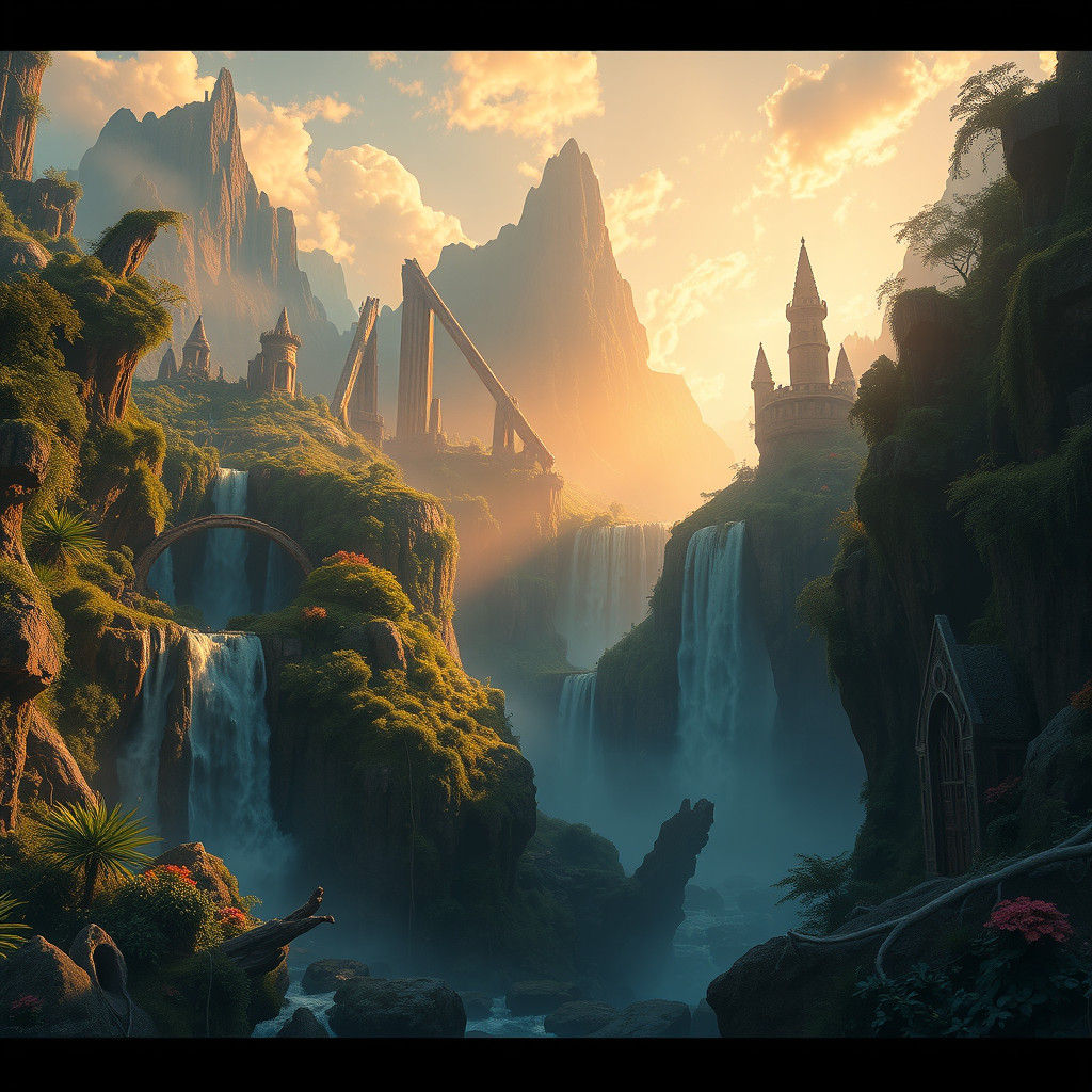Dreamlike Landscape with Waterfalls and Ancient Ruins