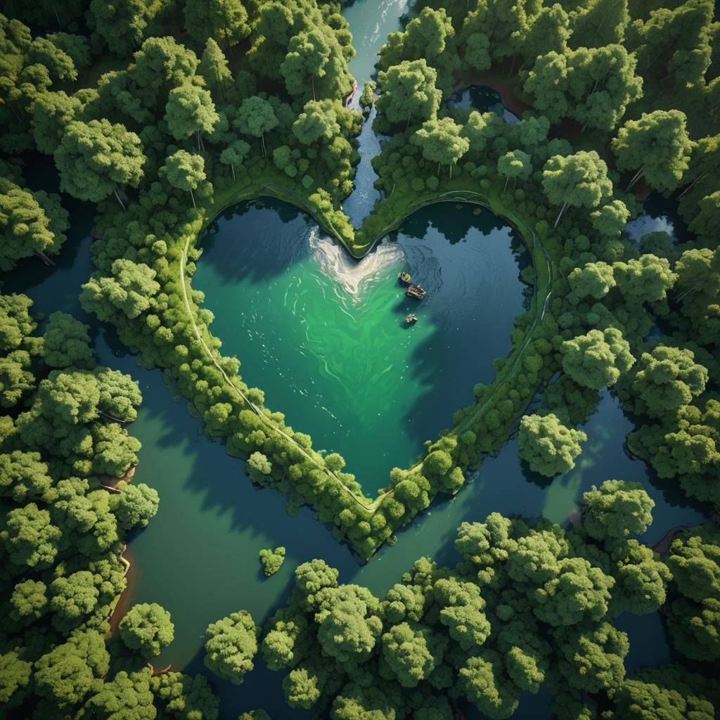 Heart-Shaped Lake on Island: Fantasy Art