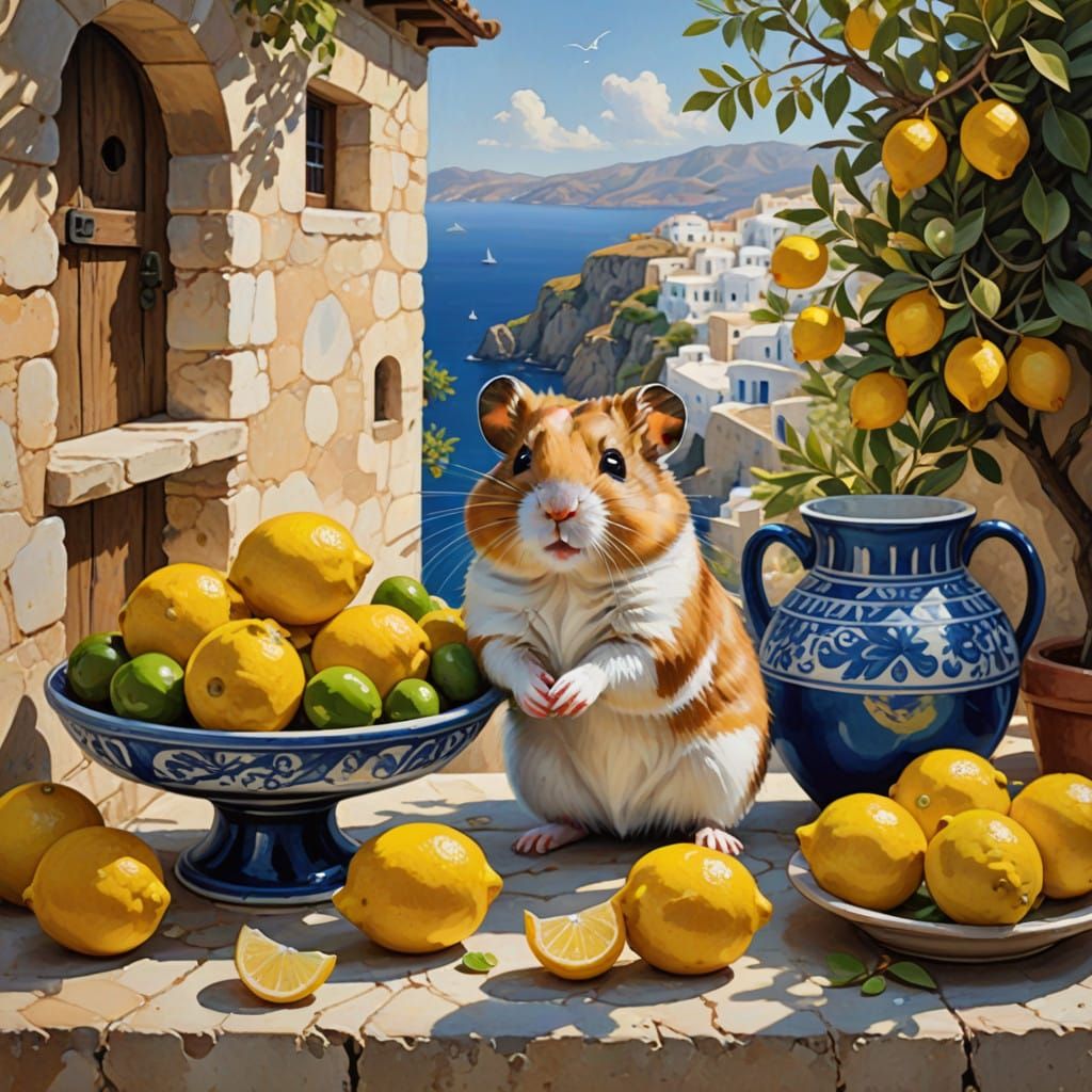 Greek Island Hamster in Folk Art Summer Scene