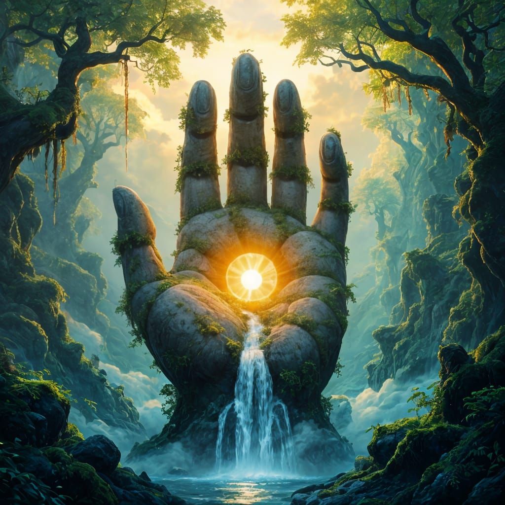 Stone Hand Forest Landscape with Glowing Sun in Cosmic Surre...