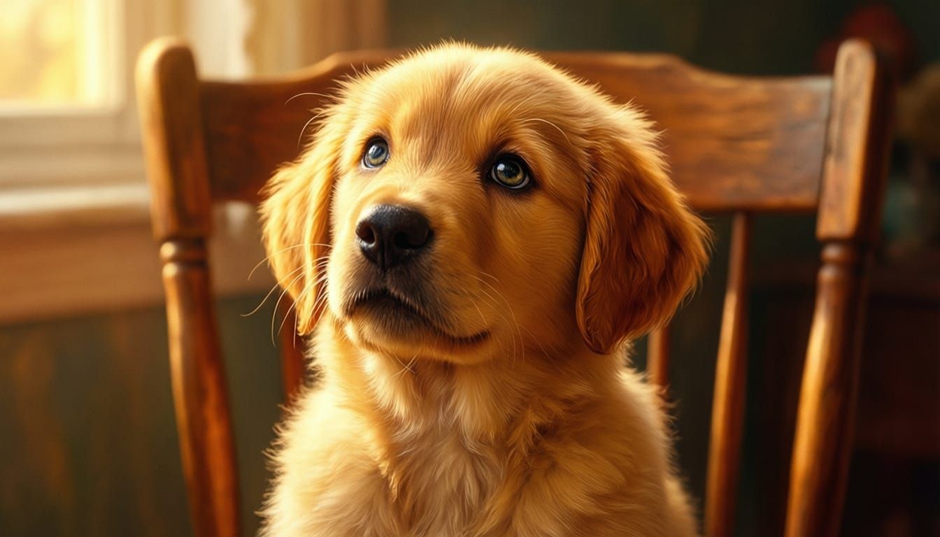 Golden Retriever Puppy in Golden Hour Light, Storybook Style