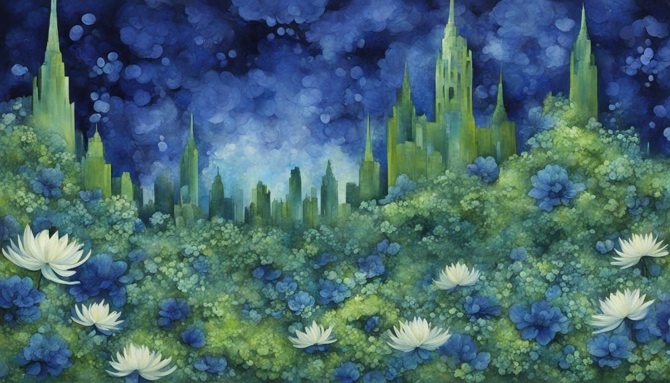Surreal Floral Cityscape in Summer Indigo