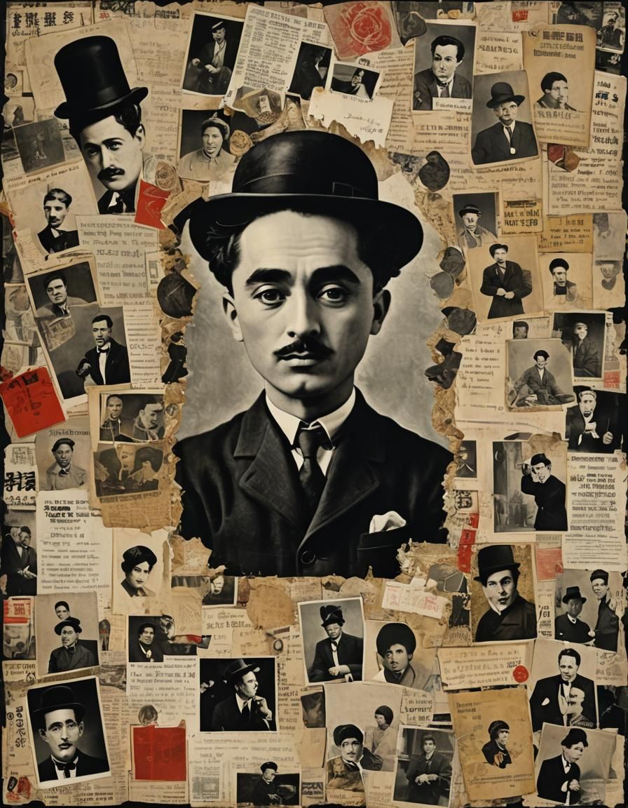 Eerie Chaplin Portrait in Mixed Media Decoupage