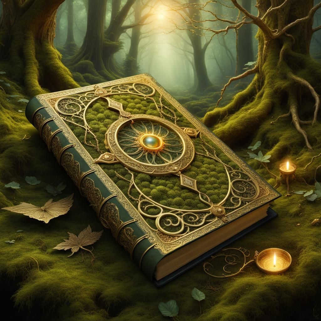 Glowing Spellbook in Golden Forest