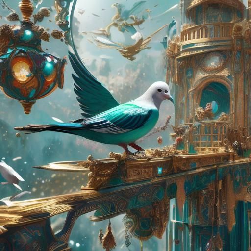 Pigeons in Ornate Birdhouse: Abstract Watercolor Art