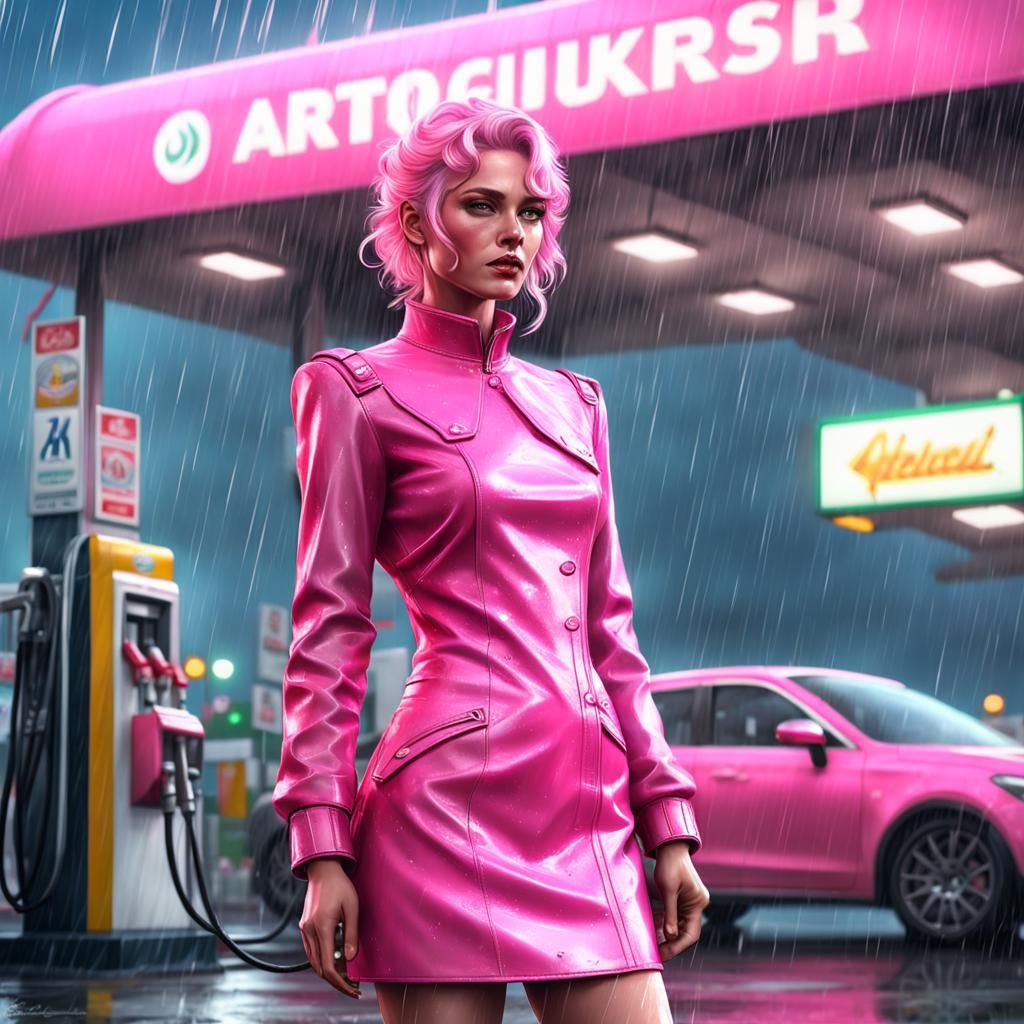 Hyperrealistic Portrait at Petrol Station in Rain