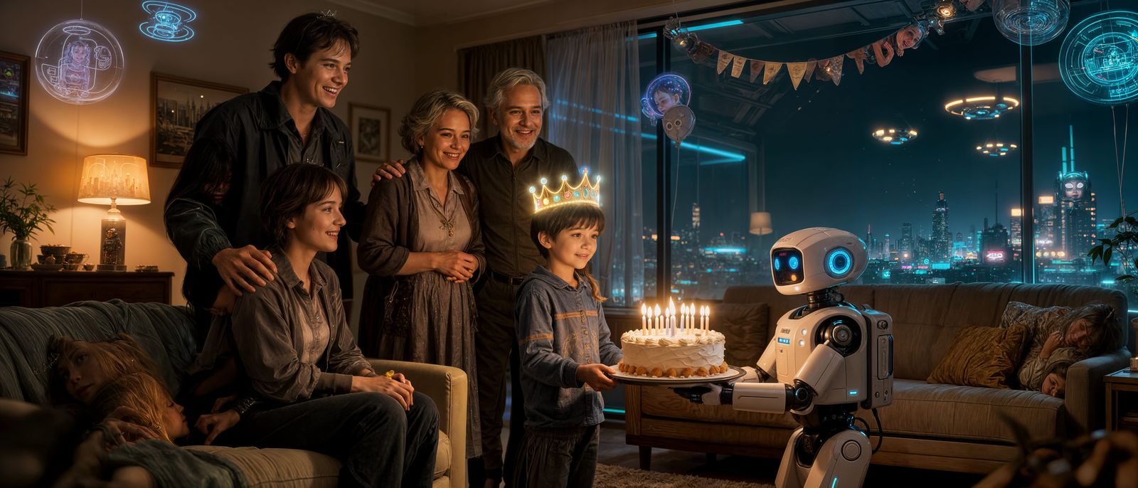 Futuristic Birthday Party in 2085 with Robot and Holograms
