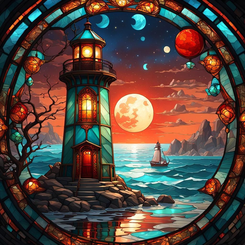 Stained Glass Lighthouse with Red Moon