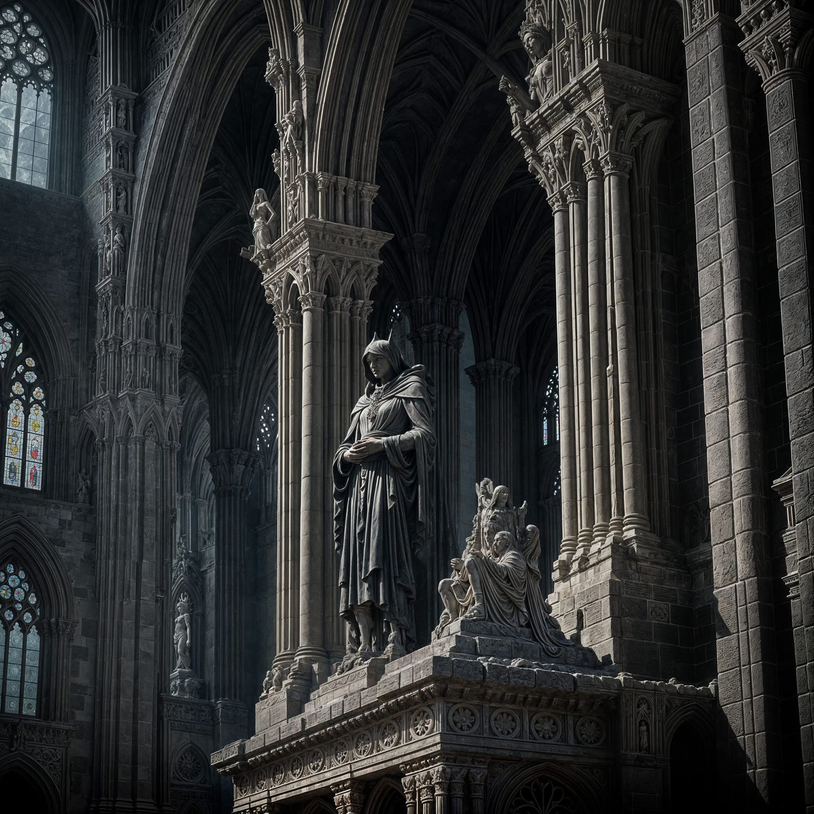 Ethereal Figure at Gothic Cathedral Precipice in Cinematic S...