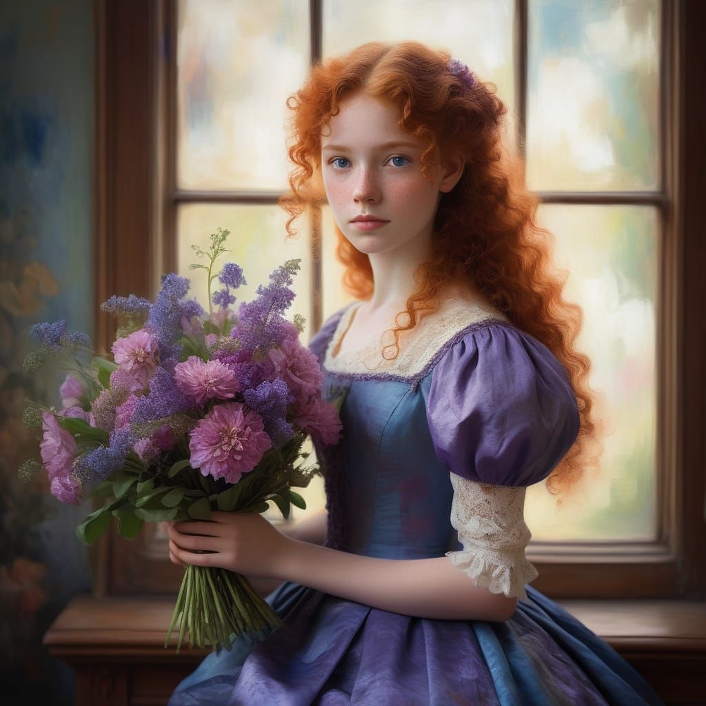 Victorian Woman Portrait in Impressionistic Oil Painting Sty...