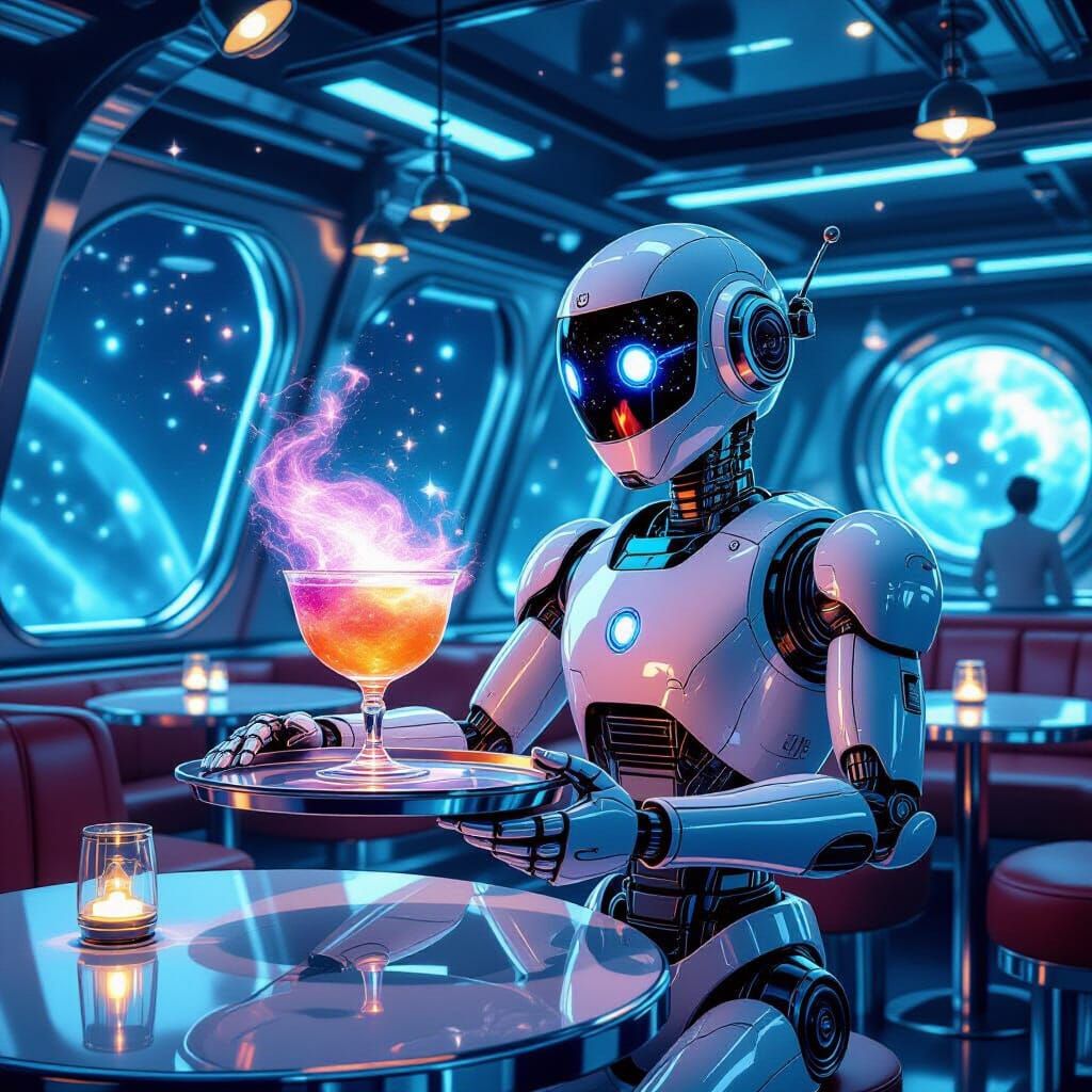 Retro Robot Serves Nebula Cocktail in Starlit Diner