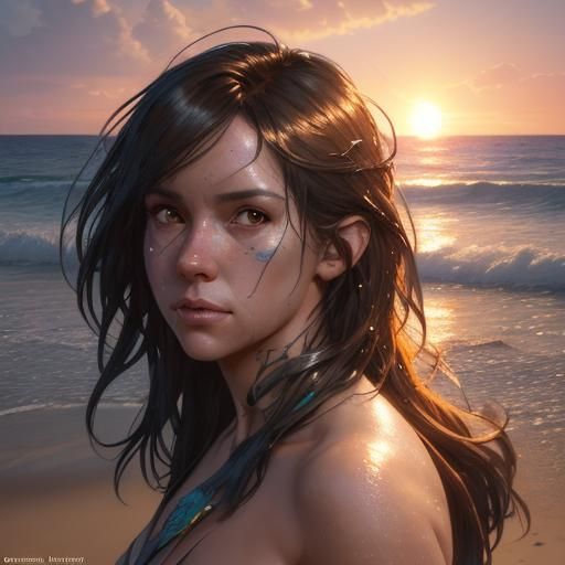 Sunset Beach Portrait in Hyperdetailed Splash Art Style