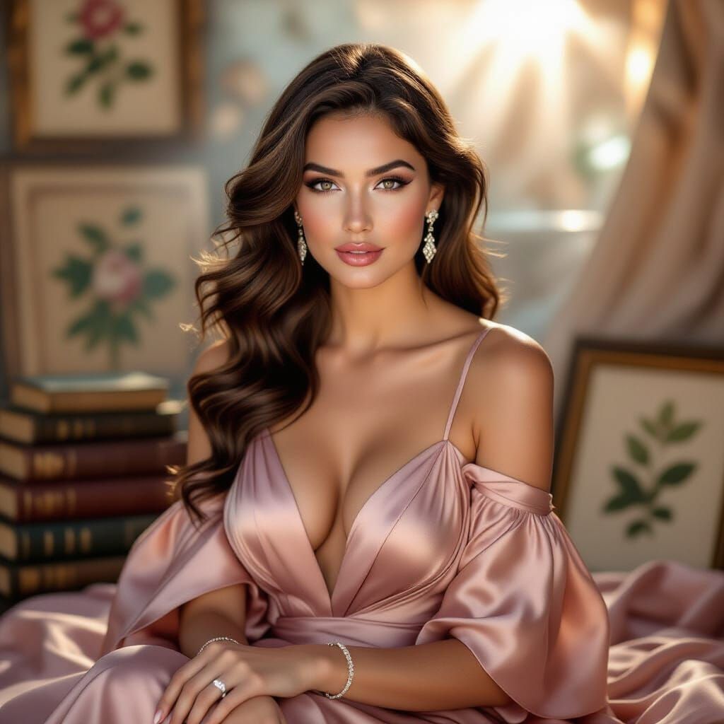 A glamorous portrait photograph showcases a strikingly volup...